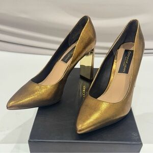 Donna Karan Criss Crinkle Metallic Bronze Pointy Toe Block Heel Leather Pump 7.5
